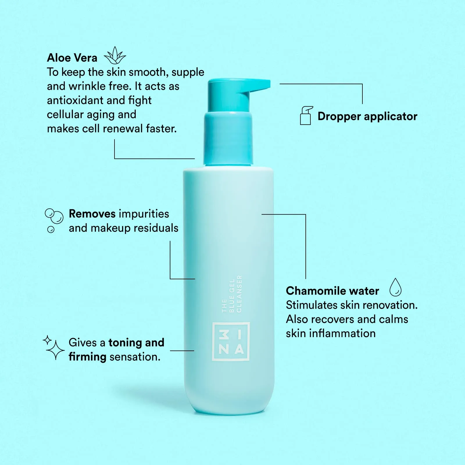 3INA MAKEUP - Vegan - Cruelty Free - The Blue Gel Cleanser - Blue - Foaming Gentle Skin Face Cleanser - Micellar Formula - Aloe Vera and Hamamelis - Smooths - Refresh - Purifies - Pump Applicator