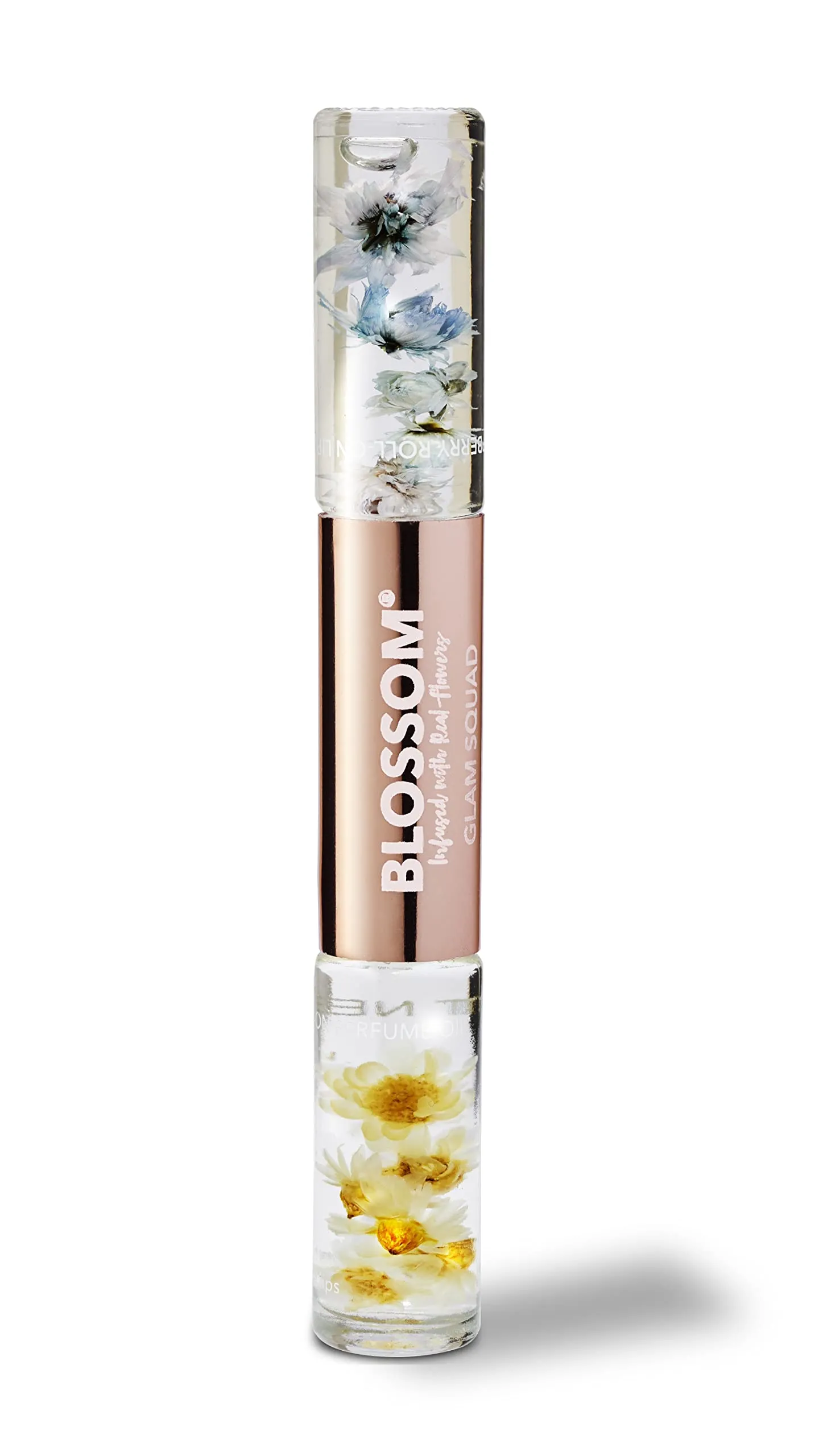 Blossom Glam Squad - Moisturizing Roll on Lip Gloss (0.1 fl. oz/6g)   Roll on Perfume Oil (0.1 fl. oz/6g), Infused with Real Flowers, Made in USA, 0.2 fl. oz./12g, Raspberry/Coconut Nectar