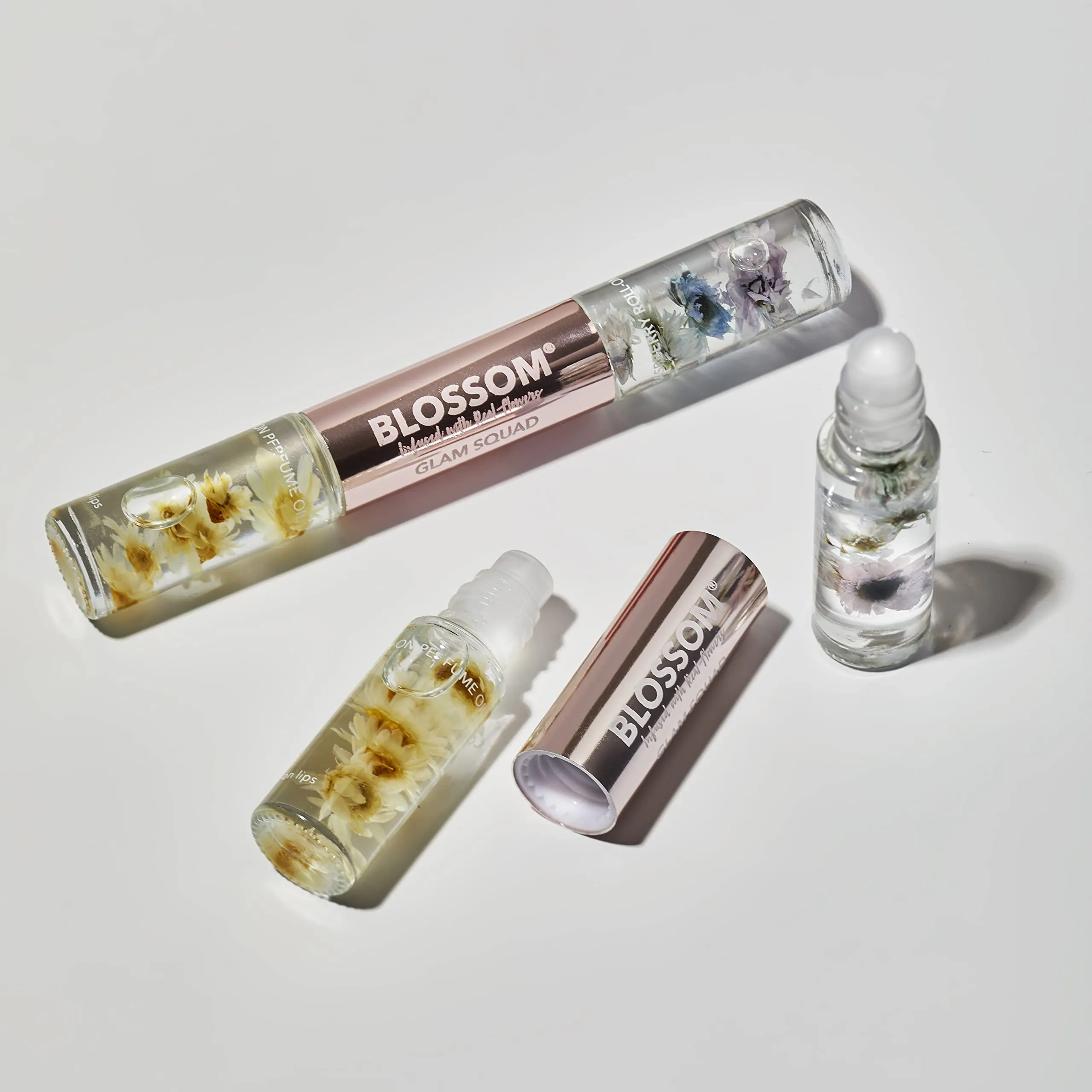 Blossom Glam Squad - Moisturizing Roll on Lip Gloss (0.1 fl. oz/6g)   Roll on Perfume Oil (0.1 fl. oz/6g), Infused with Real Flowers, Made in USA, 0.2 fl. oz./12g, Raspberry/Coconut Nectar