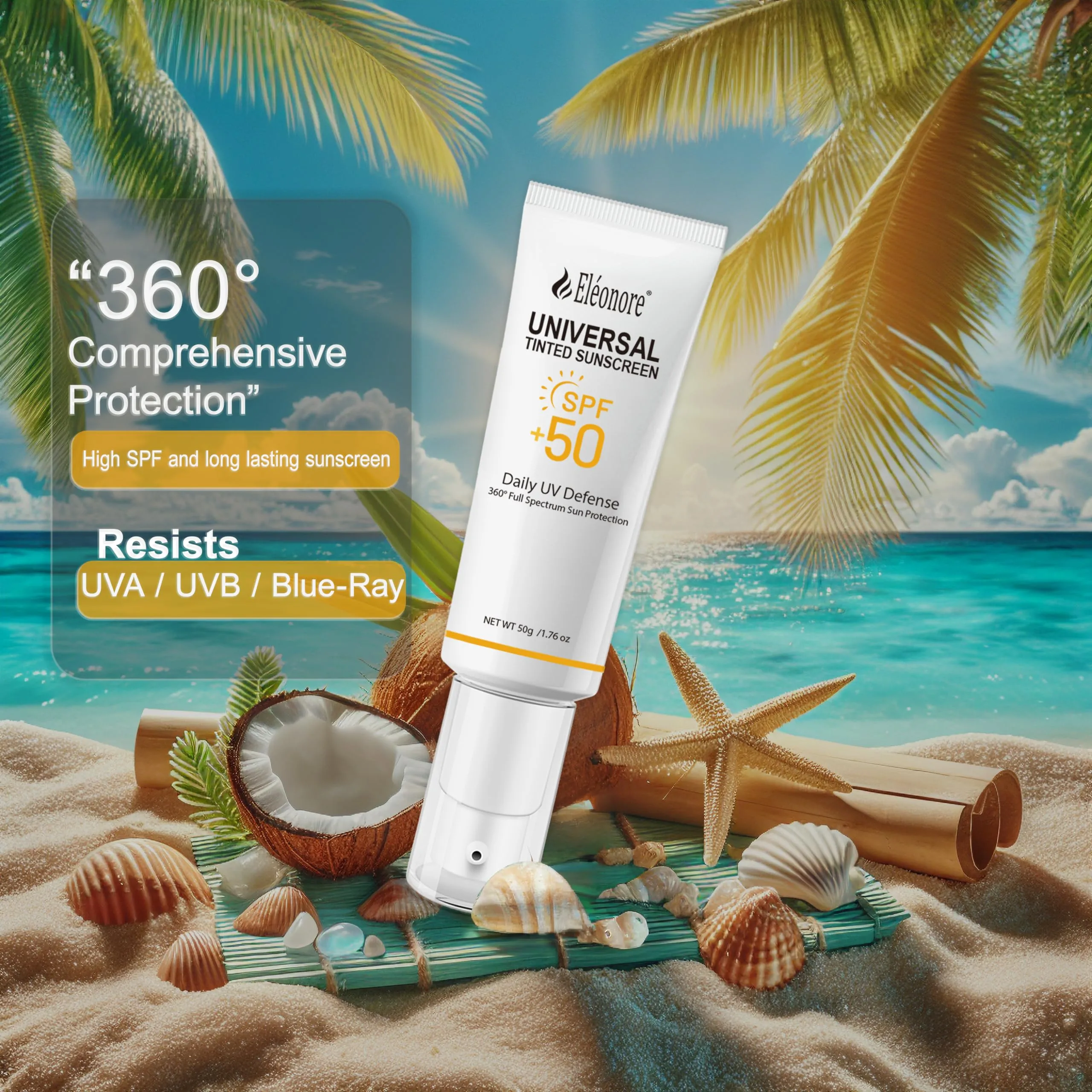 ELEONORE Universal Sunscreen for face SPF 50 Tinted face sunblock Hydrating none Sticky, Travel Size Sunscreen Against UVA and UVB Rays 50ml /1.7oz