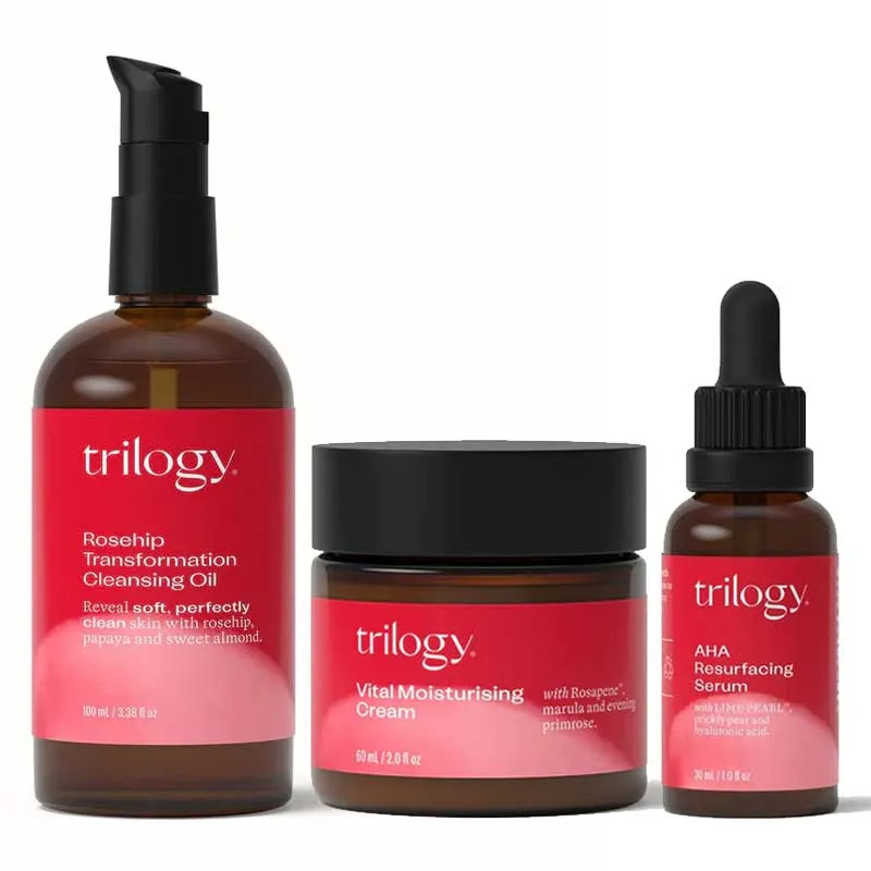 Trilogy Rosehip Transformation Oil, Vital Moisturising Cream   FREE AHA Resurfacing Serum
